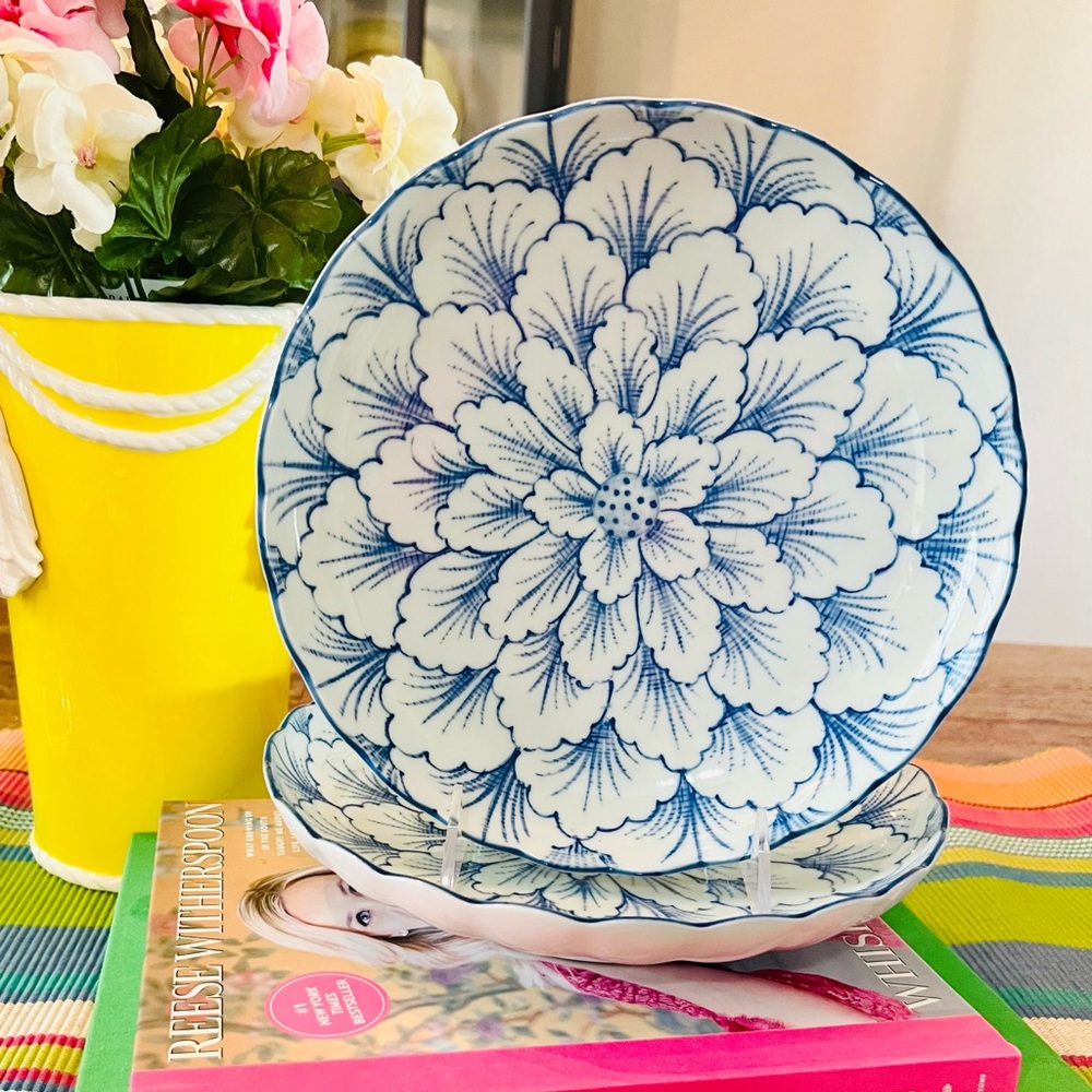 Two Vintage Japanese lotus flower blue & white shallow bowls, Andrea by Sadek.